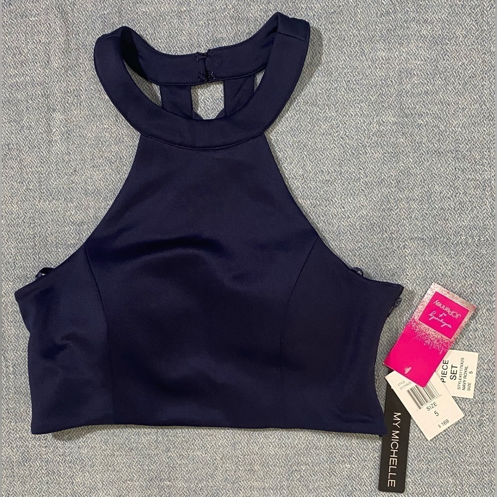 My Michelle Navy Blue Halter Criss-cross Back Cropped Top, Size 5